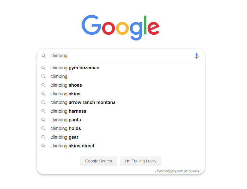 google autocomplete search for climbing search term