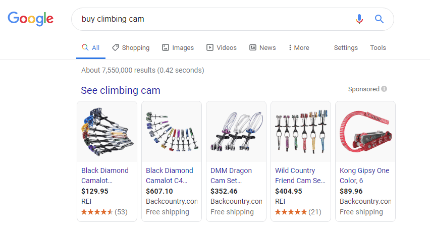 transaction search query for buy climbing cam