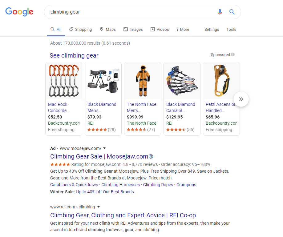 google search result page for climbing gear