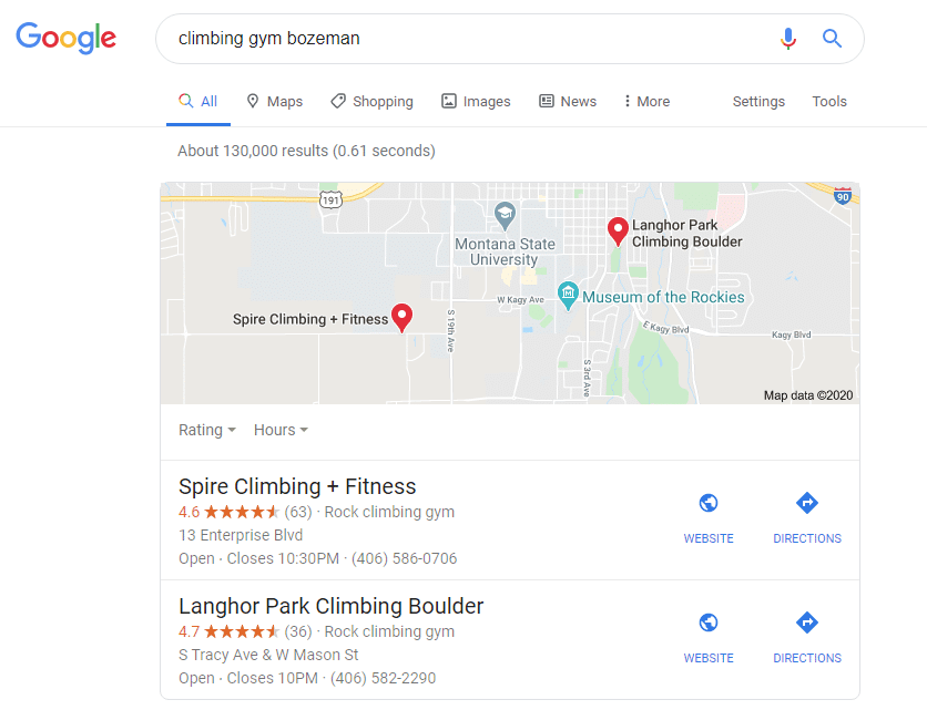 local search query for climbing gym bozeman