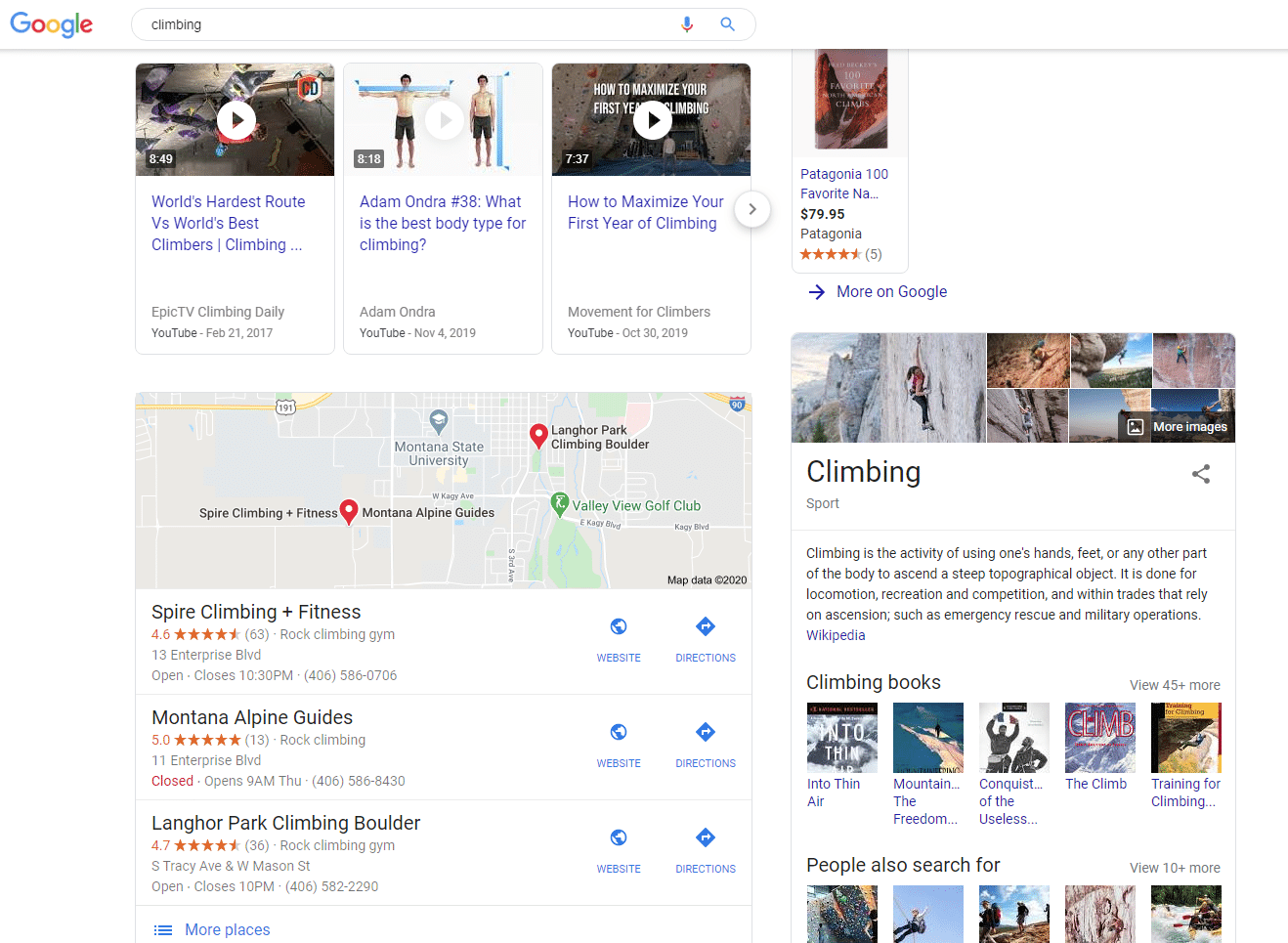 Google search result page for climbing