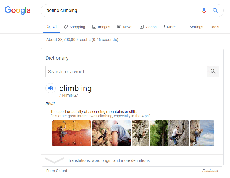 Google knowledge graph for define climbing