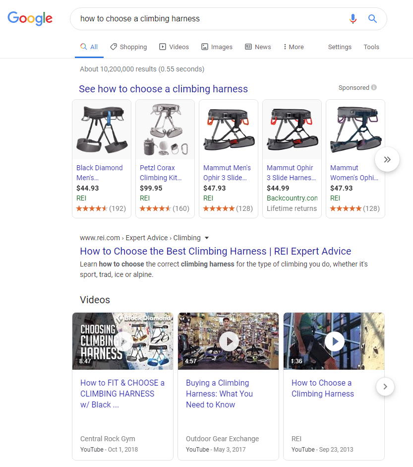 Google search result page for how to choose a climbing harness