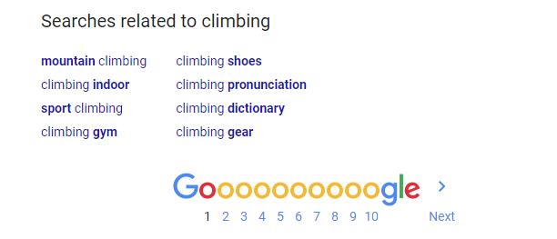 searches related to climbing at bottom of Google search result page